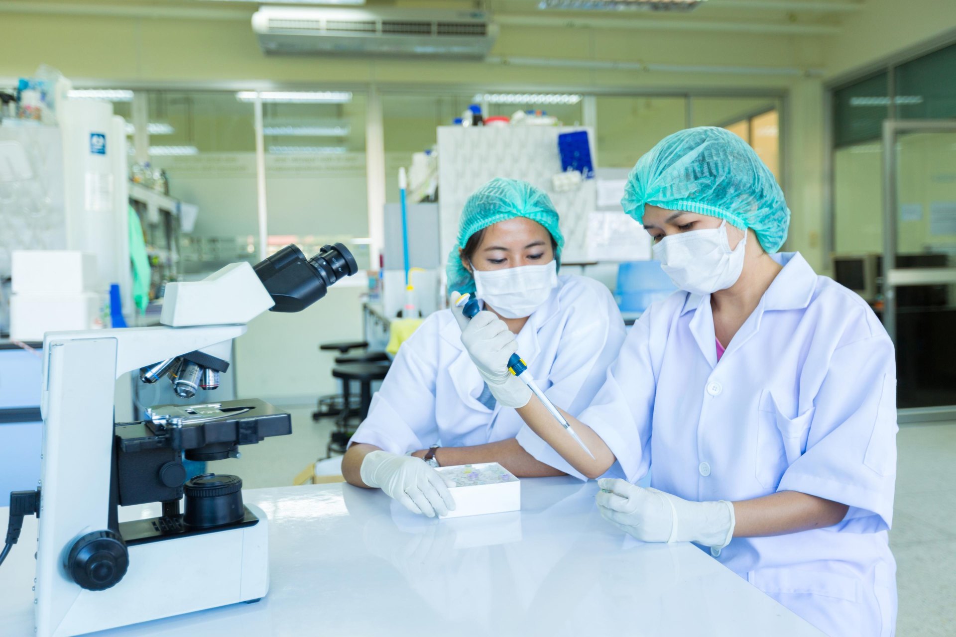 Scientists in laboratory examining sample